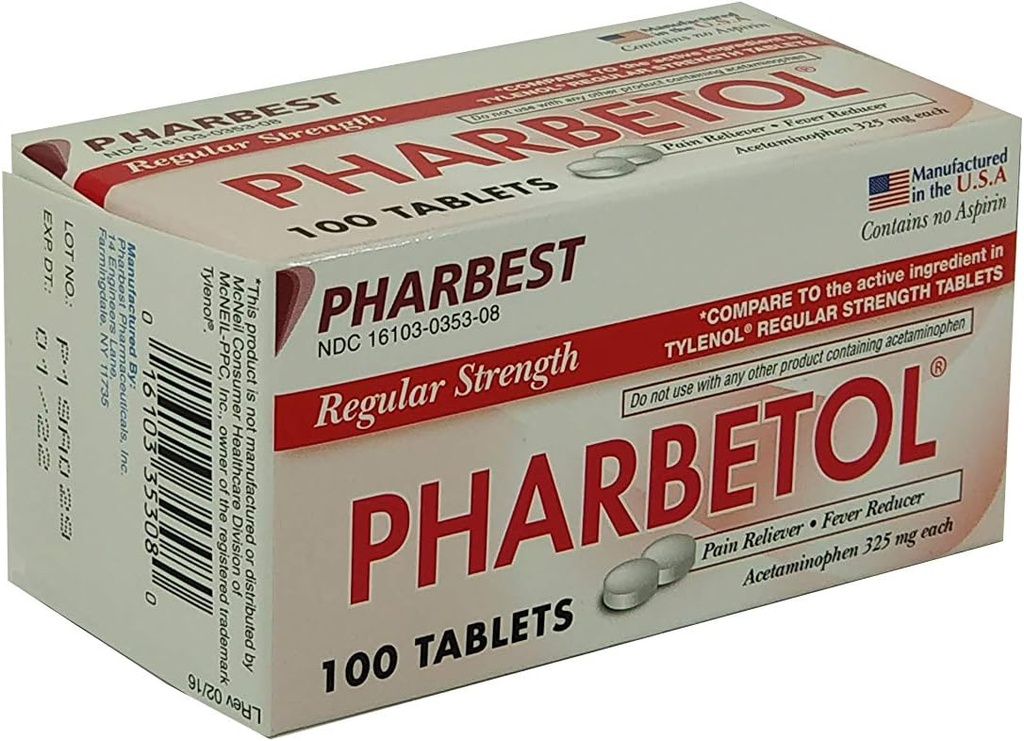 Pharbetol Acetaminophen 325 מ"ג כוח קבוע, כאב Reliever, טבליות Fever, 100 Count (Pack of 1)