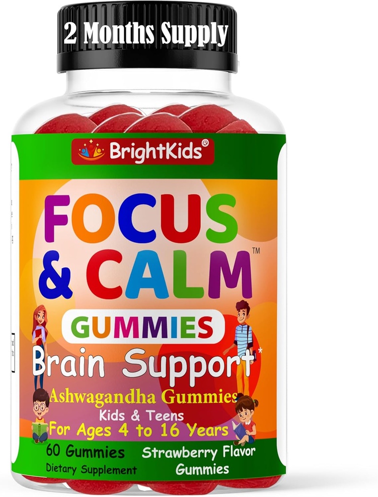 BrightKids Focus & Calm Gummies לילדים עם Ashwgandha - תומך תשומת לב, ריכוז, מרגיעה, Mood & Energy - Natural Stress Relief, Tasty Berry Flavor, טבעוני, 60 ימים אספקה