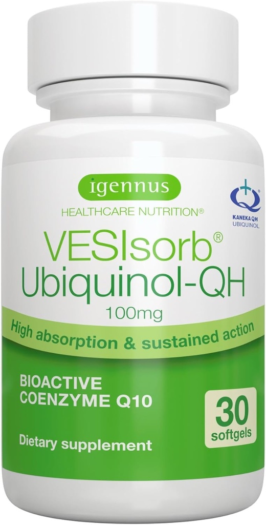 Igennus Advanced VESIsorb Ubiquinol 100 מ"ג 30 Softgels, 600% זמינות ביולוגית, Fast-Acting Water-Soluble Coenzyme Q10 for Energy & Heart, 1-Month Supply