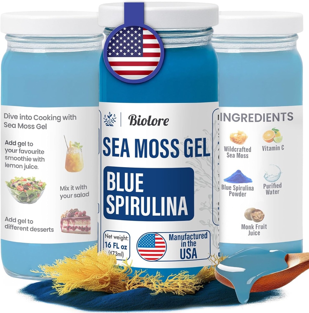 Biolore Wildated Sea Mos Gel - Blue Spirulina 16 oz - גל הים פלברד עם ויטמינים חיוניים ו- Trace מינרלים - סופר טבעוני - מיוצר בארה"ב, Gluten-Free, לא הוסיף סוכר