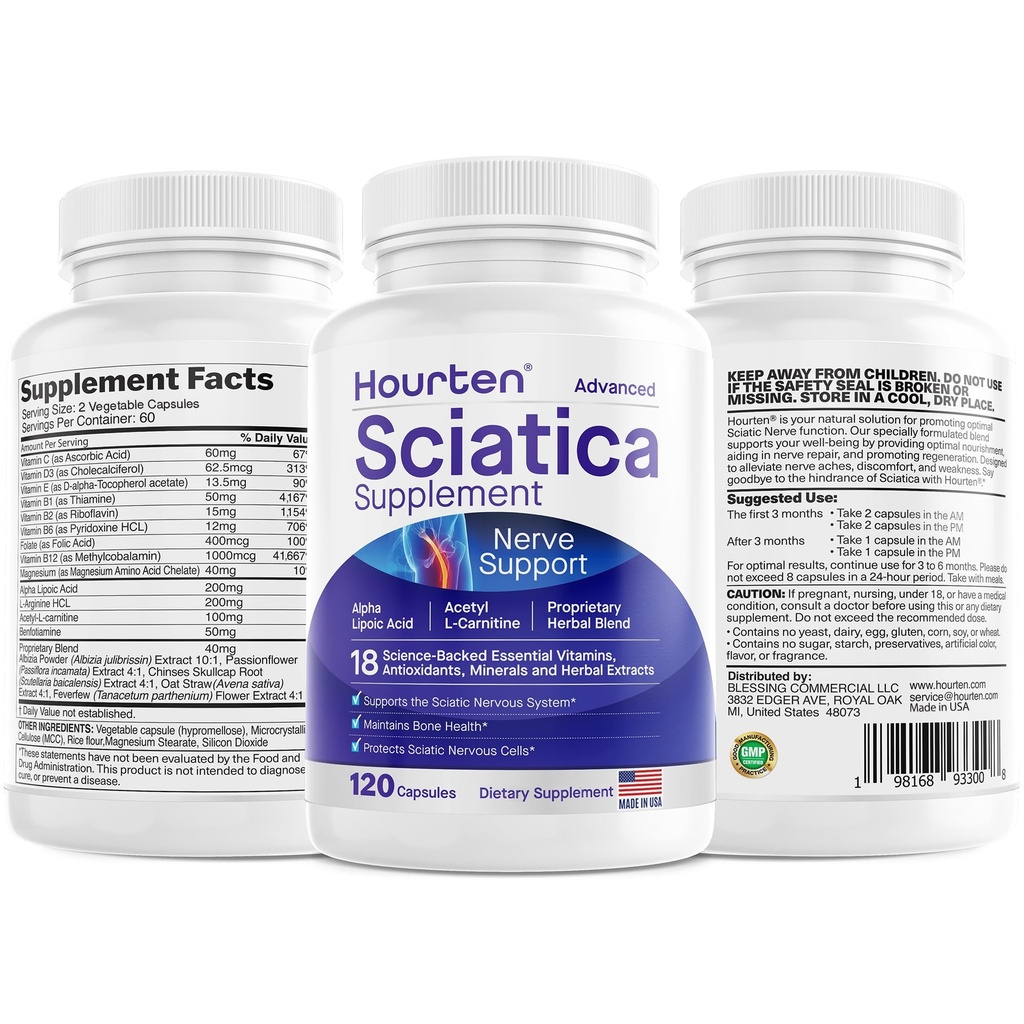 Advanced Sciatic Nerve Support Relief: Alpha Lipoic Acid - 18 מתוך 1 תוספי Sciatica - ויטמין B Complex - Made in USA (120 Count (Pack of 1))