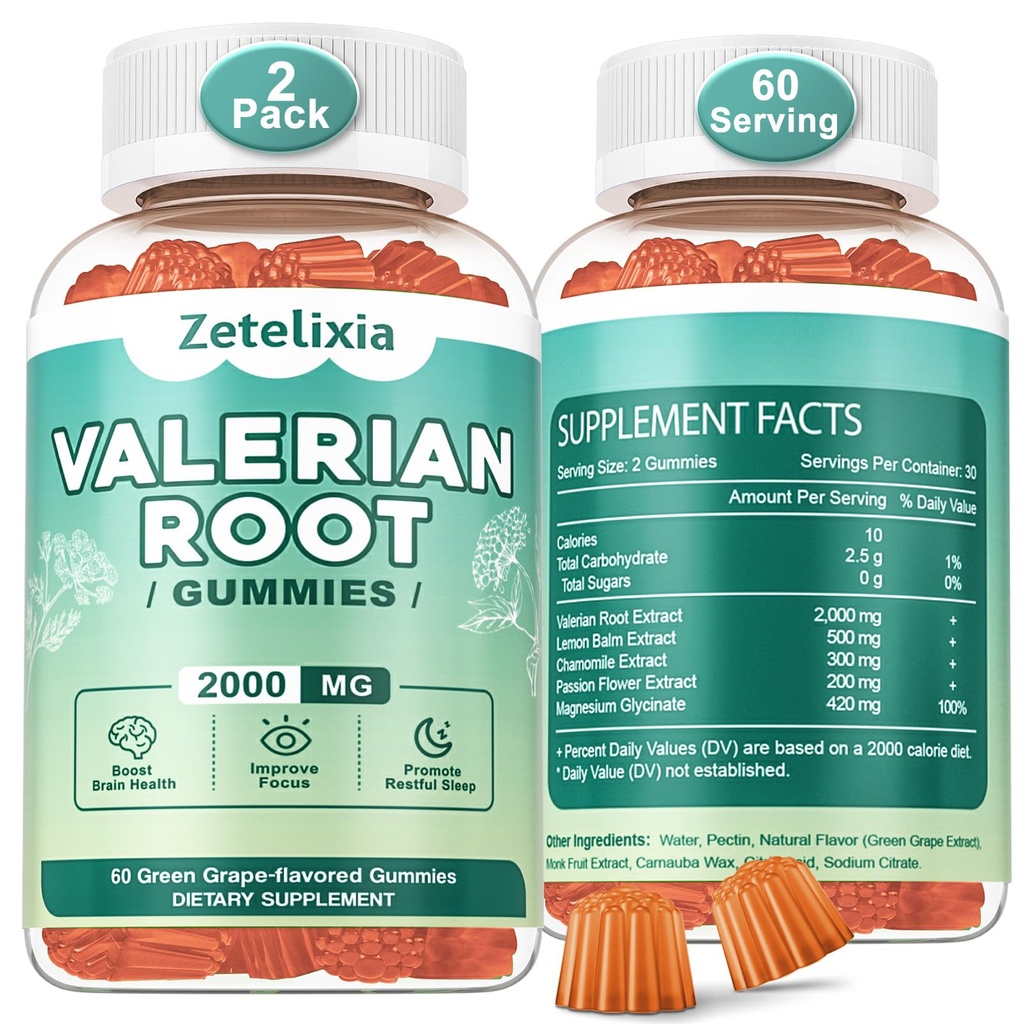 2 Pack Organic Valan Root Gummies, Natural Calm כדי לעזור להירגע, התוסף צמחי לתמיכה Mood, Melatonin חינם, non-GMO, Gluten Free, טבעוני, גרלופ פלמור ירוק, הרוזן 120