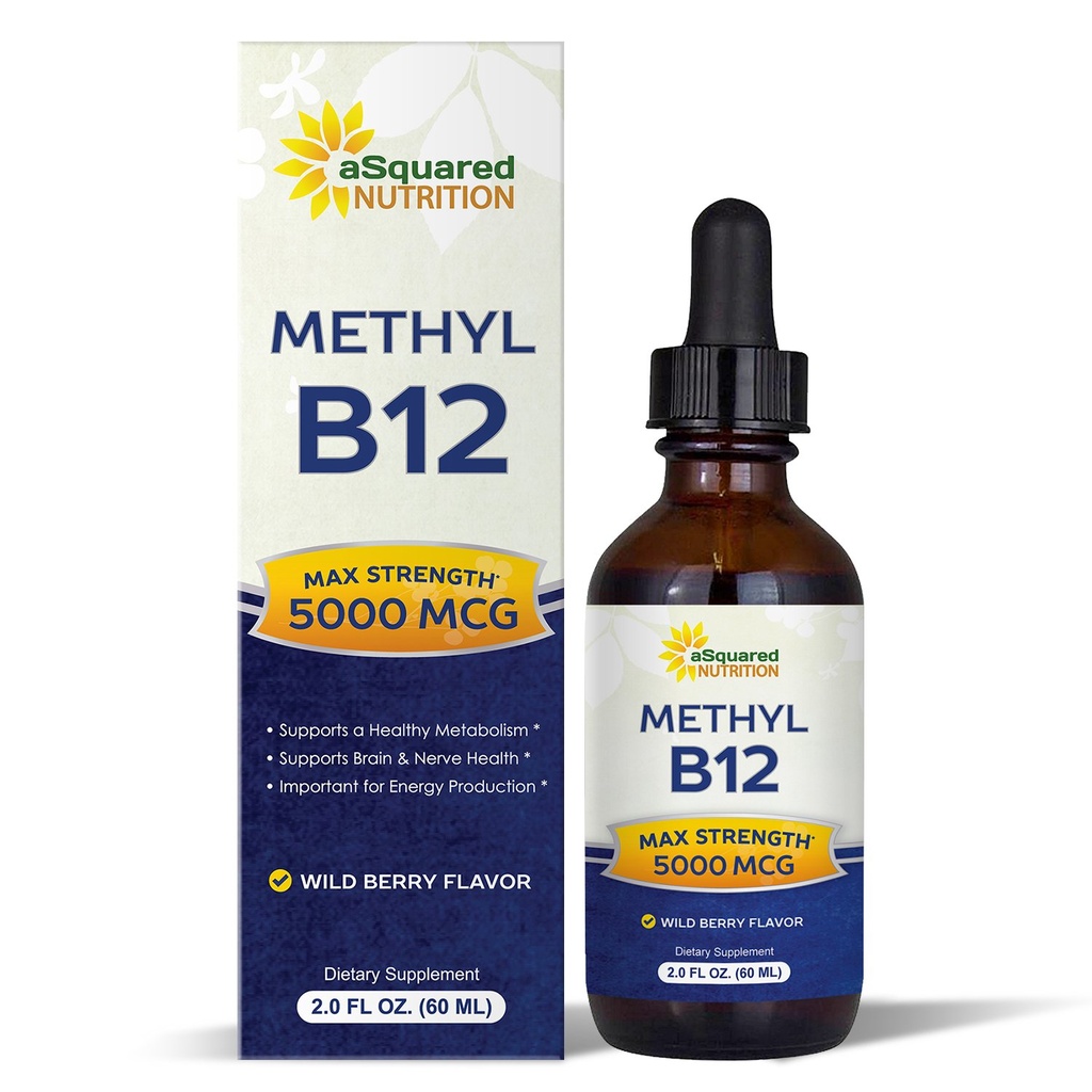 ASquared Nutrition ויטמין B12 sublingual נוזלי טיפות - 5000 MCG תוספת עם Methylcobalamin (Methyl B-12) - Max Absorption B 12 כדי להגדיל את האנרגיה - ידידותי טבעוני - 2 fl oz oz