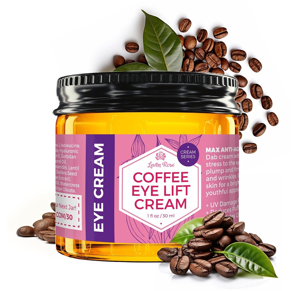 Leven Rose Lifting Coffee Eye Cream with Caffeine 1 oz - פתרון טבעי עבור עיגולים אפלים ו Puffiness - מימון נגד טיפול בעין