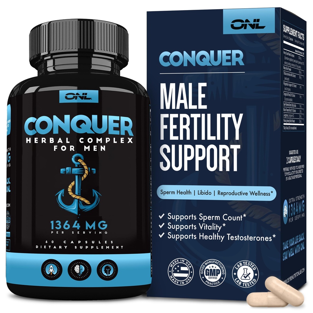 Conquer Mens Fertility Supplement - טסטוסטרון Booster for Men w/ Maca Root, Hory Goat Weed & Tribulus Terrestris - תוספת פוריות גברית - Libido Booster for Men - Male Enhancement Pills -60Ct