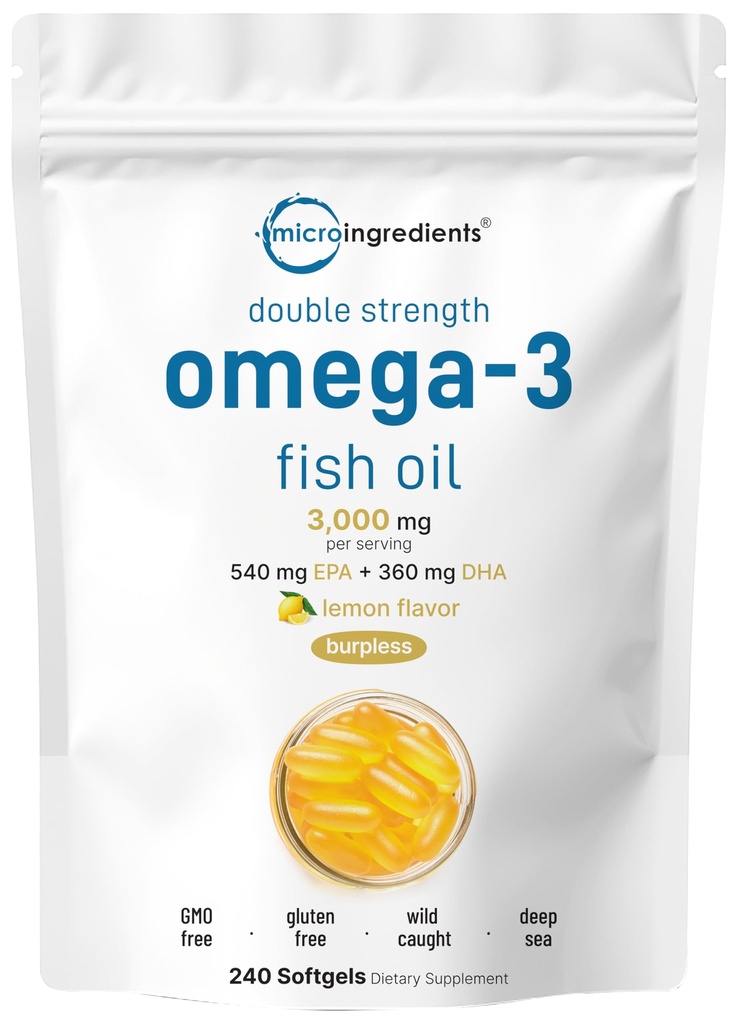 Micro Ingredients אומגה 3 שמן דגים תוספת 3,000 מ"ג עבור המשרת, 240 Softgels | Lemon Flavored - Burpless | EPA 540 מ"ג + DHA 360 מ"ג | Deep Sea Fish Fish