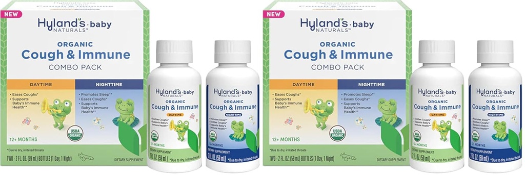 Hyland's Naturals - Baby - אורגני Cough & Immune Day & Night Combo Pack - Eases Coughs, תומך ב- Immunity, מקדם שינה, 2 Fl Oz. Bottles (4 oz) (Pack of 2)