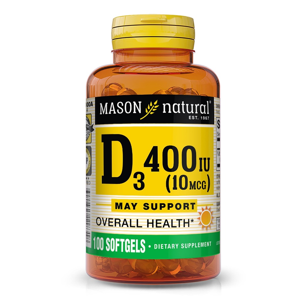 MASON NATURAL ויטמין D3 10 mcg (400 IU) - תמיכה בריאות כוללת, חיזוק עצמות שרירים, 100 Softgels