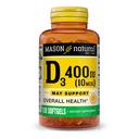 MASON NATURAL ויטמין D3 10 mcg (400 IU) - תמיכה בריאות כוללת, חיזוק עצמות שרירים, 100 Softgels