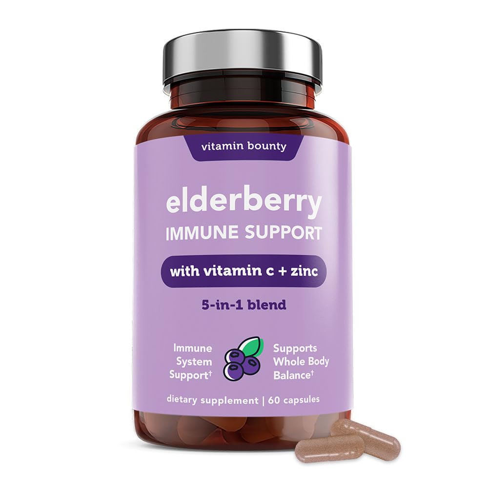 ויטמין Bounty Elderberry אורגני קפסולות למבוגרים - ויטמין C ו- Zinc תוסף, & Echinacea, Immune System Support, Advanced 5-in-1 Band, Non-GMO - 60 קפסולות