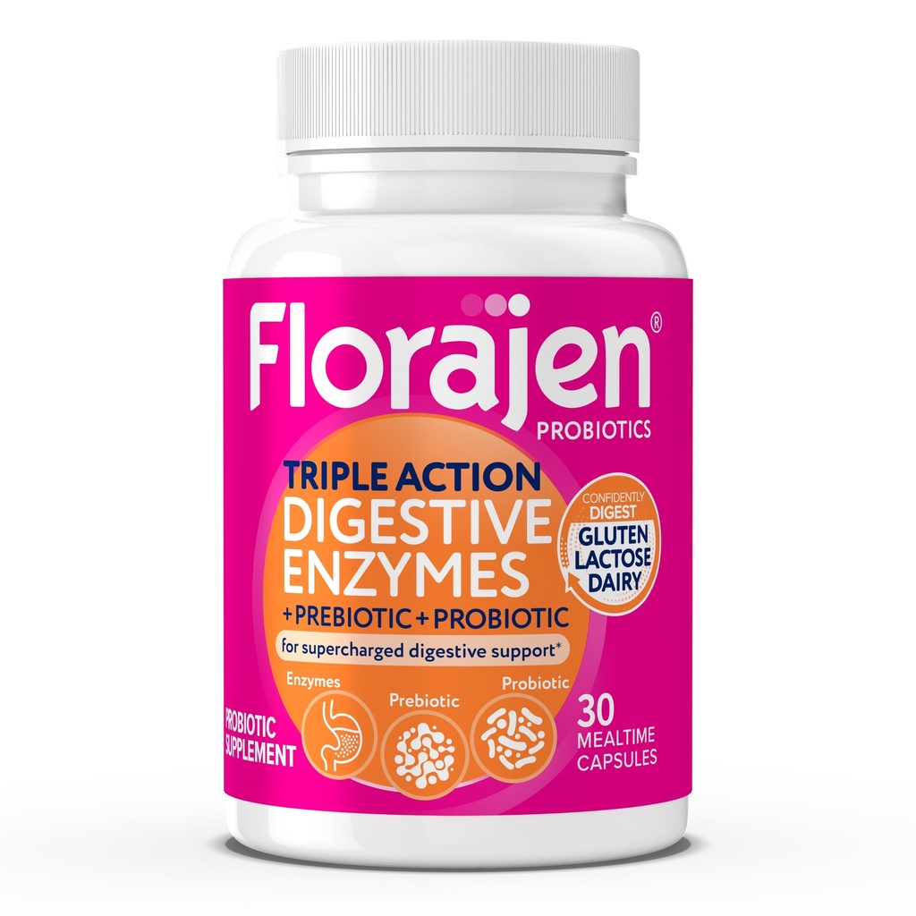 פלורהjen Digestive Enzymes with Probiotics & Prebiotics - פורמולה משולשת עבור בריאות Gut, Bloating, & Gas הקלה - תומך Gluten & Milk Digest - נקי, non-GMO - 30Counting, Bloating, & Gas Relief - תמיכה בגלוטן ו-Fil Digestion - נקי, non-GMO - 30Count