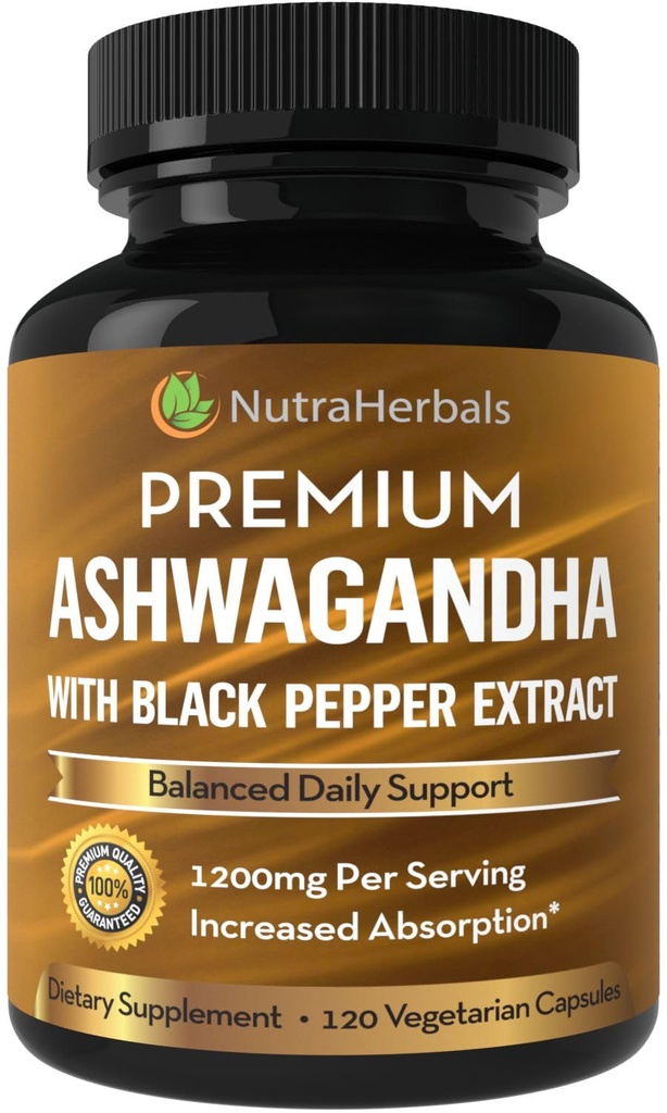 תוספי Ashwagandha עשויים עם Premium Ashwaganda Root אבקת 1200 מ"ג עם Black Pepper לחלץ מוגבר Absorption - 120 קפסולות Vegi