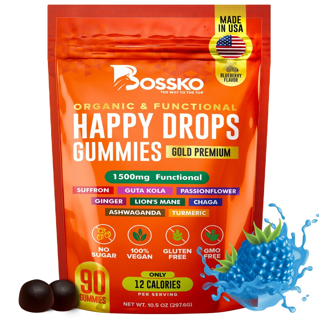 Happy Drops - Daily Superfood Gummies for Mood Support, Focus and Energy - Sugar-Free, טבעוני, Blueberry Flavor - 90 חניכיים למבוגרים - תמיכה יומית עבור Mood, Focus ואנרגיה טבעית