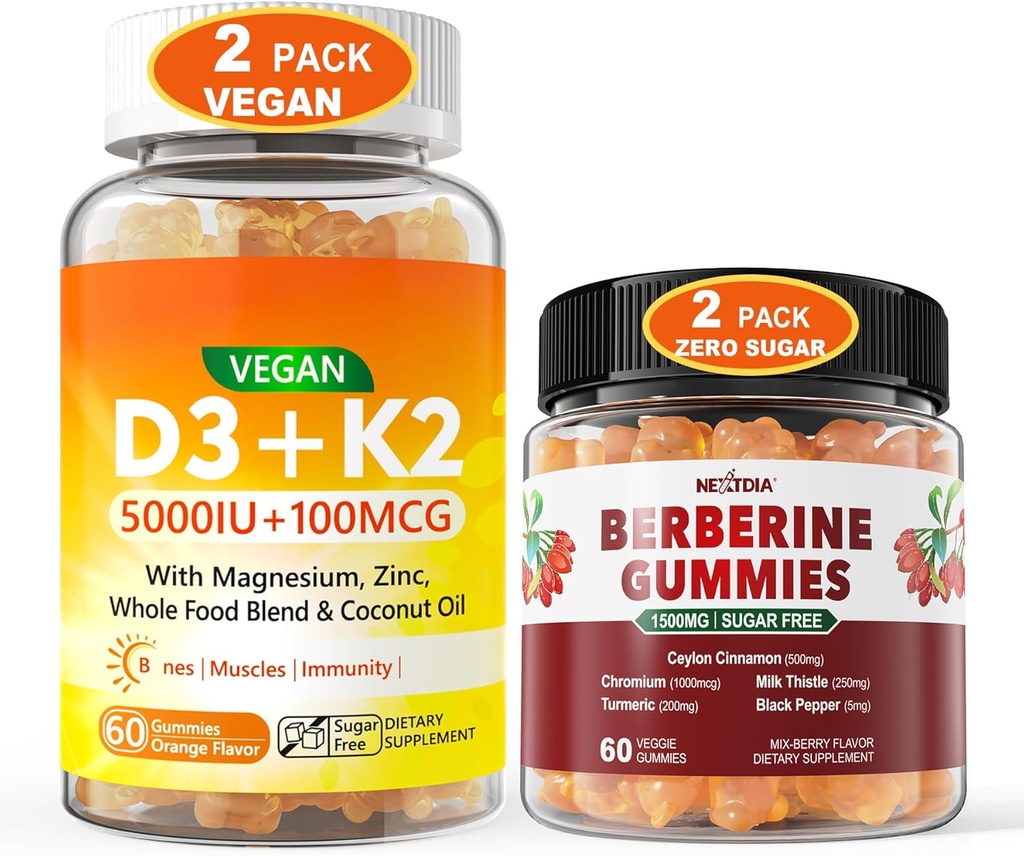 2Pack Vegan ויטמין D3 5000IU K2 חניכיים+ 2Pack Berberine תוסף 1500 מ"ג חניכיים