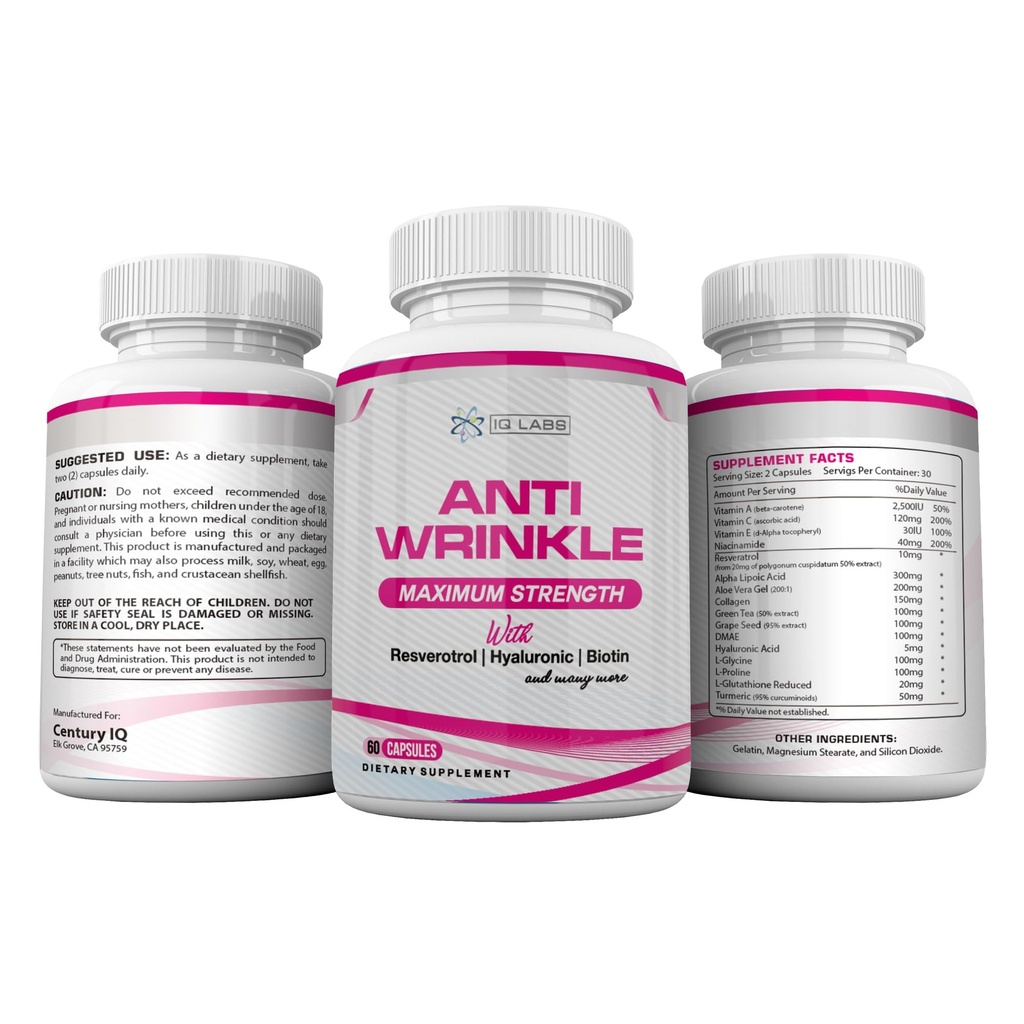 Skin Beauty Solutions (4) Anti-Wrinkle Max תוסף 240 קפסולות W/Resveratrol, Alpha Lipoic Acid, Collagen, DMAE, Hyaluronic +Pills