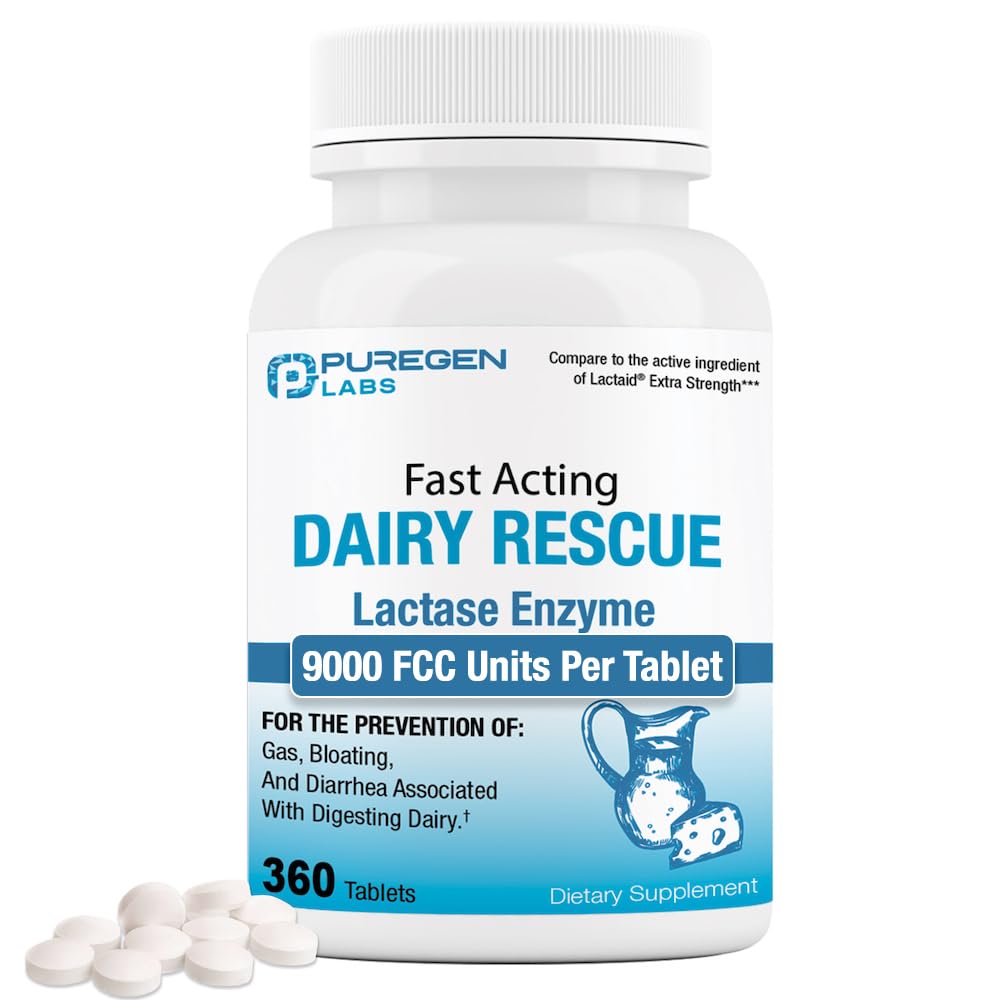 Puregen Labs חלב הקלה מהירה Acting Lactase Enzyme 9000 FCC, Lactose Intolerance Pills 360 טבליות