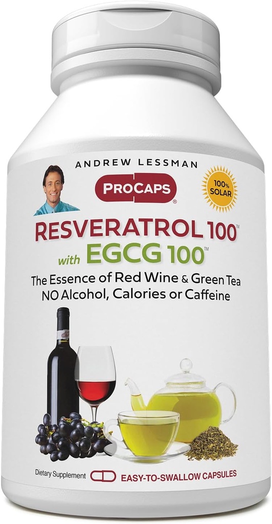 ANDREW LESSMAN Resveratrol 100 EGCG 100 מ"ג - 360 קפסולות - שתי תרופות נוגדות חמצון באופן טבעי, ללא אלכוהול או קפאין.