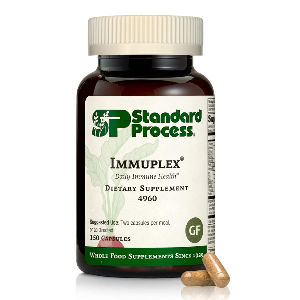Standard Process Inc. Immuplex - Daily Immune Support Supplement with Folate, Iron, ויטמין C & ויטמין A - מינרלים תוספת עם חומרים נוגדי חמצון - 150 קפסולות