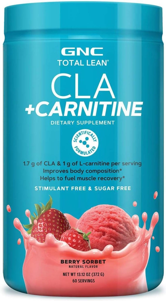 GNC Total Lean CLA + Carnitine | שיפור תכונת הגוף ודלקים שריר התאוששות, Stimulant חינם סוכר חינם | ברי סורבת | 60 משרתים