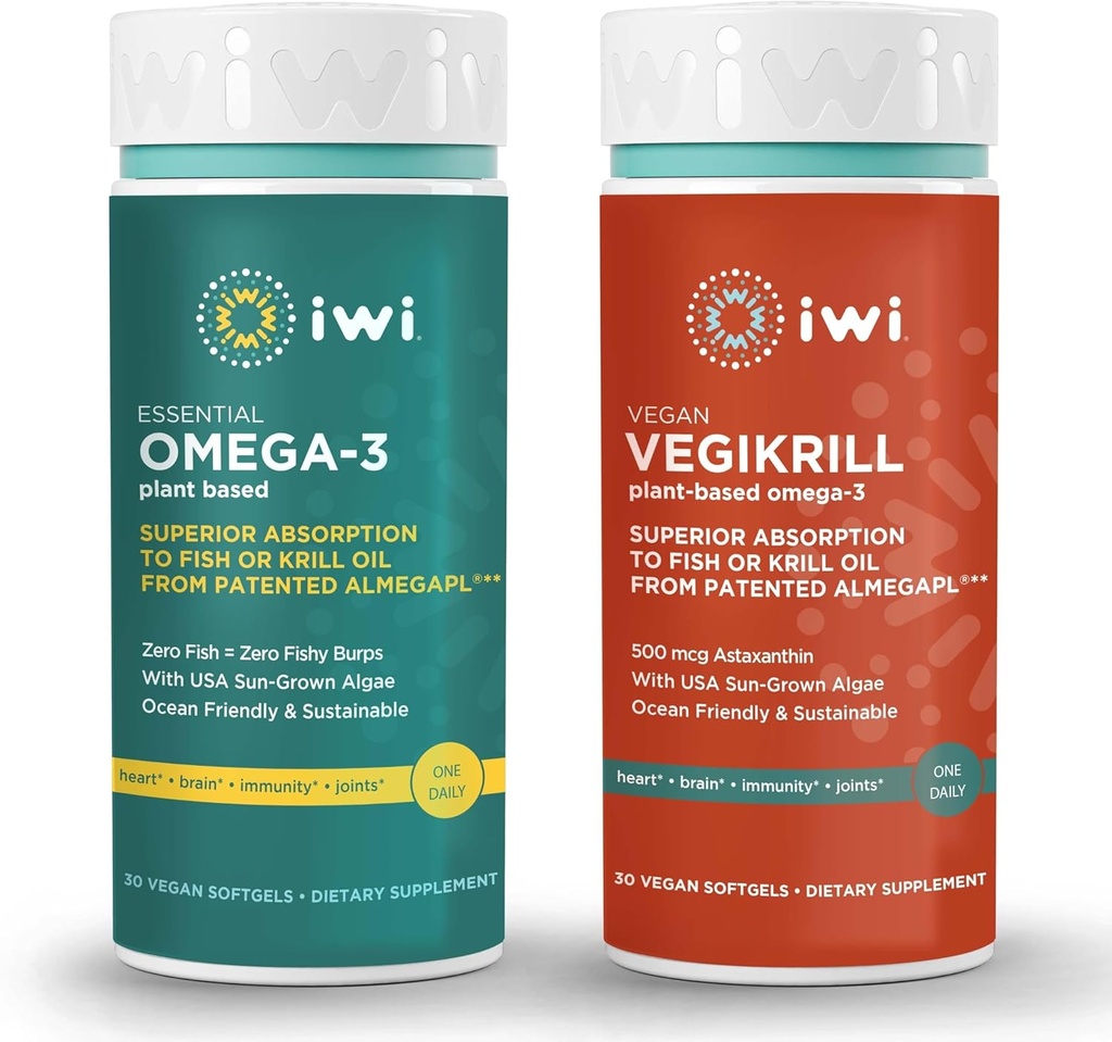 Iwi אומגה 3 Essential & Vegikrill אומגה 3 Bundle, 30 משרתים, Algae אומגה 3, קריל & Fish שמן אלטרנטיבי, No Fishy aftertasteaste