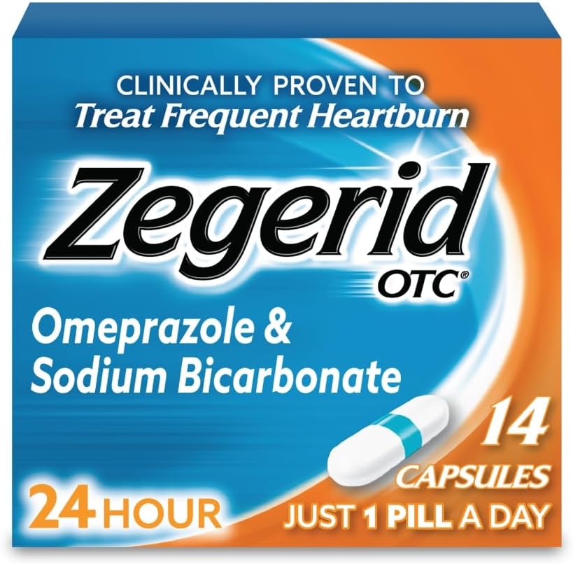 Zegerid OTC 24Hour Heartburn הקלה, Proton Pump Inhibitor עם Omeprazole 20 מ"ג + Sodium Bicarbonate, מטפל Frequent Heartburn, 14ct קפסולות