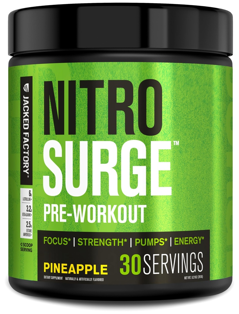 ג'ק חרושת NITROSURGE Pre Workout תוסף - אנרגיה חסרת סוף, מקבלי כוח מיידי, Clear Focus, Intense Pumps - NO Booster & Powerful Preworkout Energy - 30 משרתים, Pineapple