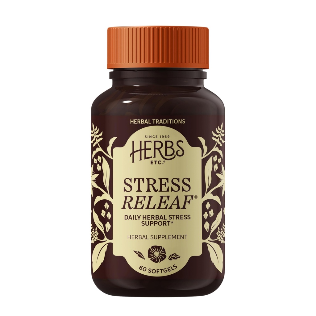 Herbs Etc. Stress ReLeaf Softgels - Herbal Supplement for Stress Support - Ashwagandha, Holy Basil & Passionflower - Soothing Relaxation Support - Gluten-Free & Organic - 60 Count (60 Servings)