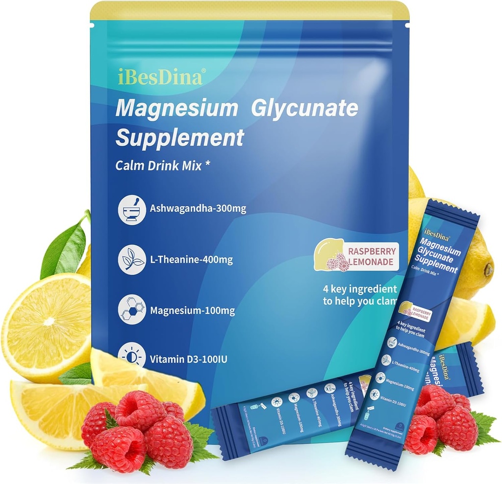תוספי Cortisol לנשים,Calm Drink Mix, Magnesium Glycinate,Ksm-66 Ashwagandha,Vitamin D 3, 20 On The Go Packets,Raspberry Lemonade, Supplements להרגעת שינה