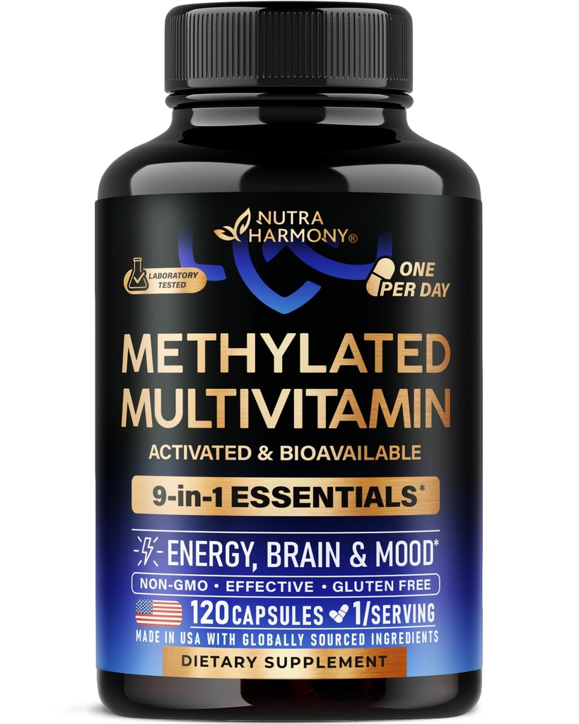 Methylated Multivitamin - B2, B6, 5-MTHF & B12 | Antioxidants C & E | ויטמין D3 & K2 - עבור גברים ונשים - 9-in-1 MTHFR תוספת עם TMG - אנרגיה, מוח ו Mood - טבעוני - מיוצר בארה"ב - 120 קפסולות