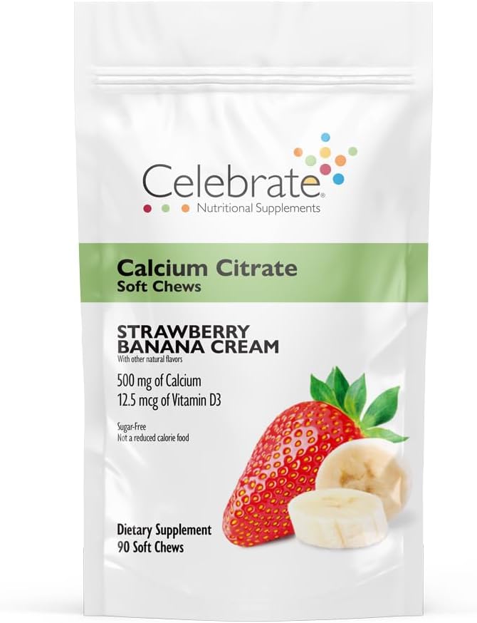 חוגגים ויטמינים Bariatric 500 מ"ג Calcium Citrate Chews עם 500 IU ויטמין D3 - Essential for Gastric Bypass חולים & Bone Health - Sugar & Gluten Free, Strawberry בננה Cream (90 Chews)