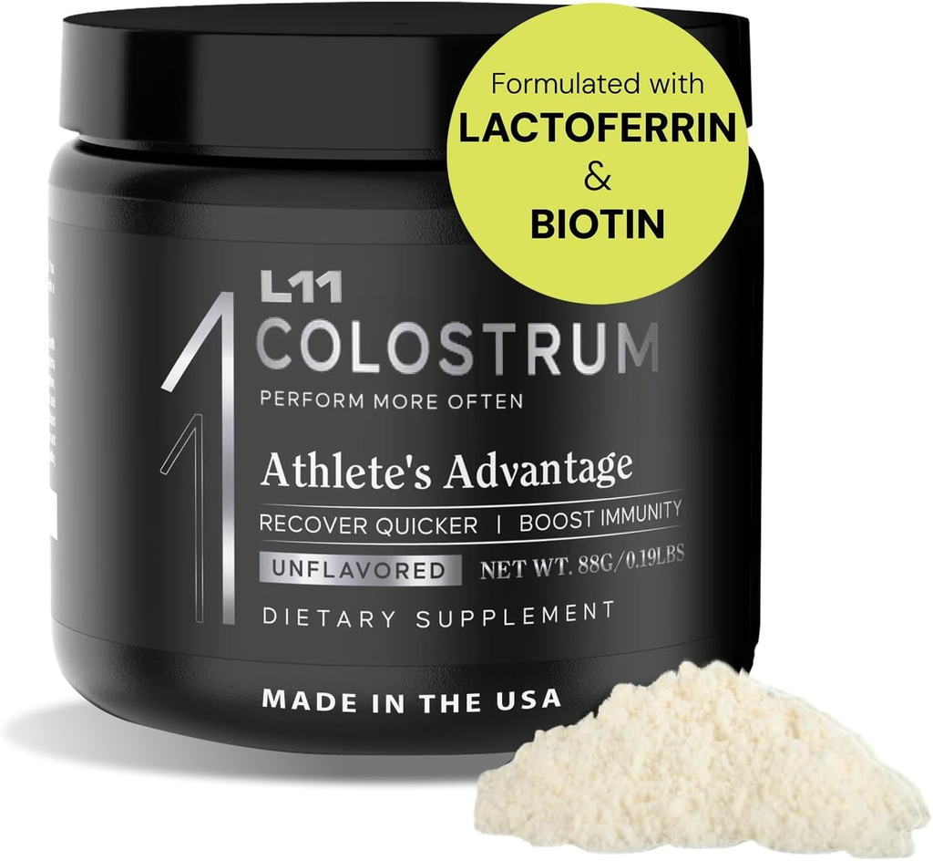 תוסף Colostrum על ידי L11 עם Lactoferrin Biotin Zinc & ויטמין D. | אבקת Bovine Colostrum עבור Peak אתלטיק בריאות, Gut Health, השרירים & Immune תמיכה | 1500 מ"ג Colostrum - Unflavored 30 משרתים