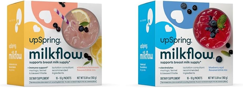 UpSpring Milkflow הנקה תוספת משקאות Mixes | Panugreek-Free | Moringa | Elderberry Lemonade & Blueberry Acai Flavors | Lactation Supplements*