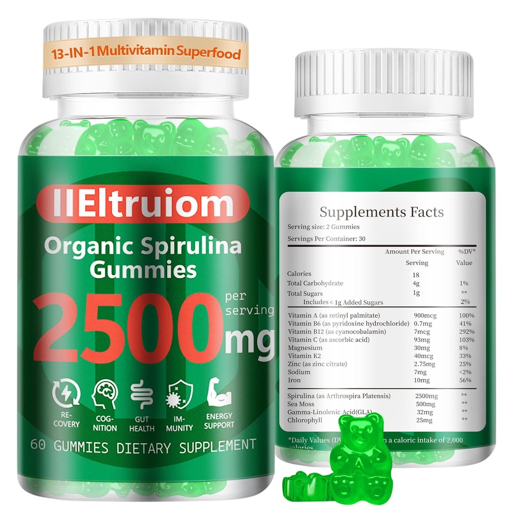 אורגני Blue Spirulina Chlorella Gummies, 13-in-1 Super Greens & Superfoods, Spirulina 2,500 מ"ג לשפר את האנרגיה היומית עם Sea Mos, Chlorophyll, GLA, Gluten חינם, 60 חניכיים טבעוניות
