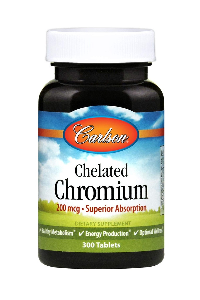 Carlson Chelated Chromium 200 mcg Superior Absorption - ייצור אנרגיה מטאבוליזם בריא ואופטימי בריאות - 300 טבליות