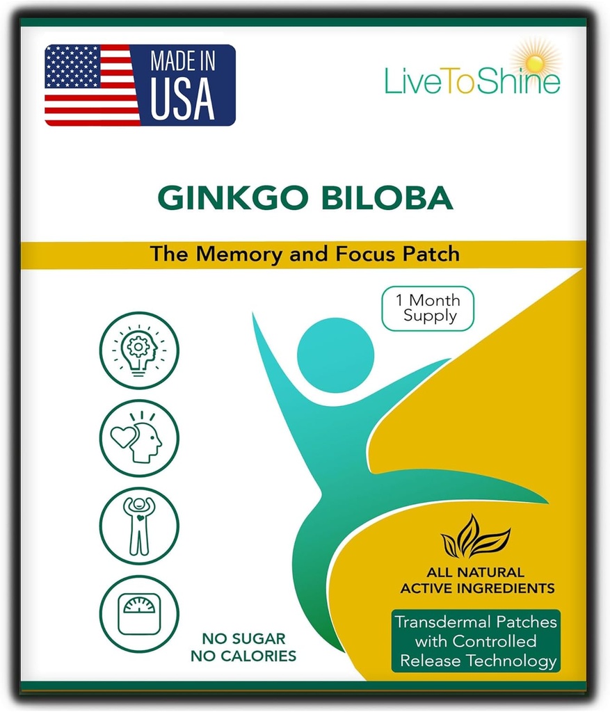 Live to Shine Ginkgo Biloba Patch - 30 Gingko Transdermal Patches - 1 חודש אספקה לנשים וגברים - ארה"ב Made