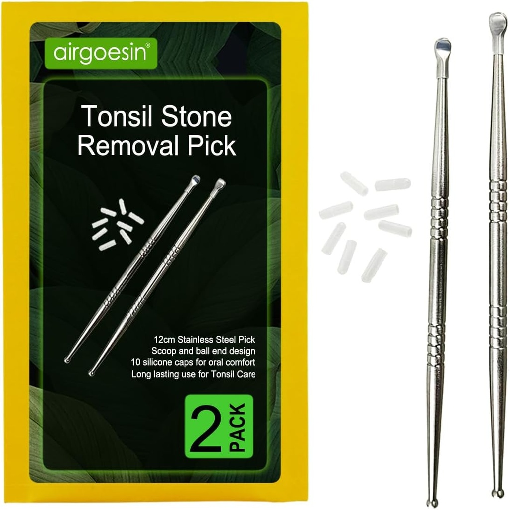 Airgoesin 2pcs טונסל סטון Removal Pick טונסילולית Premium Tool Stainless Steel Oral ניקויer עם 10 Soft Silicone Capsil סטון Removal Pick טונסילולית Premium Tool Stainless Steel Oral Cleaner עם 10 Soft Silicone Capsil