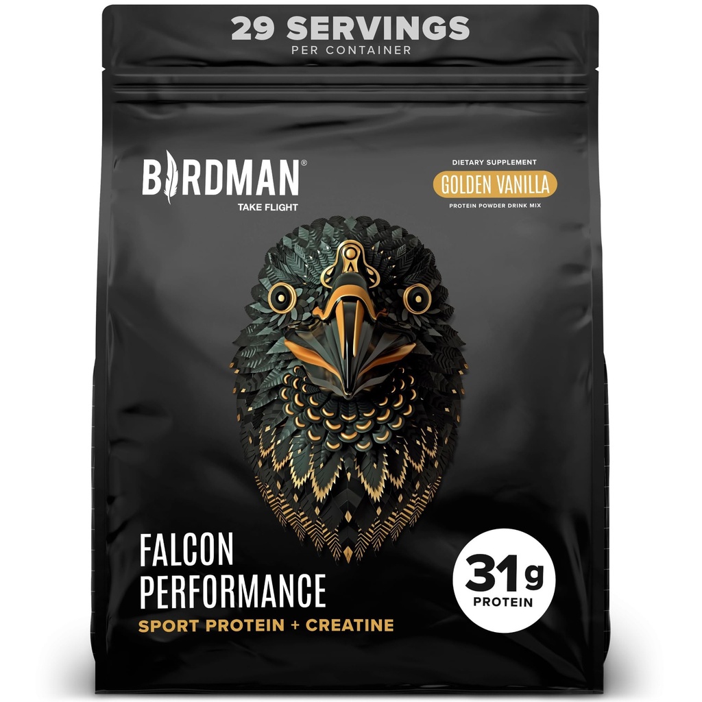 BIRDMAN Falcon Performance Vegan cat, 31g חלבון, 5g Creatine, 5g BCAA, Probiotics, Electrolytes, Pre Workout, Low Carb, Sugar Free & Milk Free, Plant Based Vanilla חלבונים, 29 משרתים