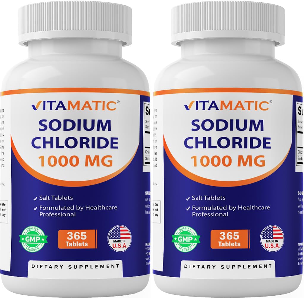 Vitamatic Sodium Chloride 1000 מ"ג - 365 טבליות -2 בקבוקי אלקטרוליטה Replenisher & Hydration Support - Non-GMO, Gluten-Free