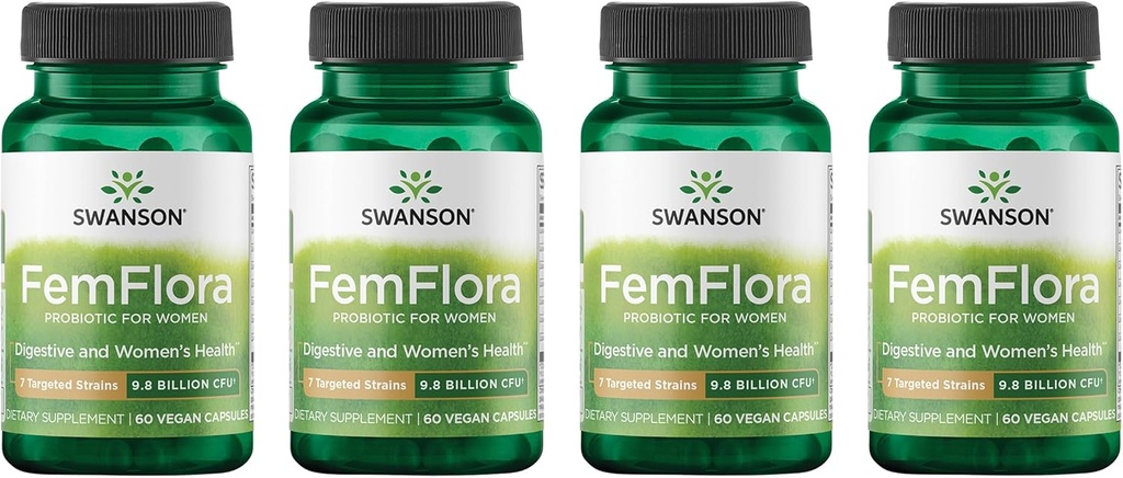 Swanson FemFlora - Feminine Probiotic תוספת תמיכה פלורה של הפה, GI Tract ו Vagina - פרוביוטיקה לנשים עם 9 מיליארד CFU Per כמוסות - (60 קפסולות) (4 Pack)