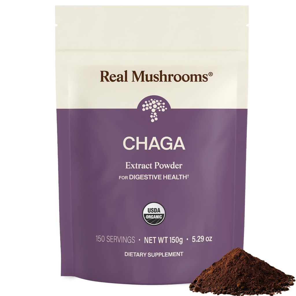Real Mushrooms Chaga Mushroom אבקת - אורגני צ'אגה לחלץ גוף פירות - עבור בריאות ואנרגיה תמיכה - טבעוני, non-GMO, 150 משרתים - Mushroom for Daily Use