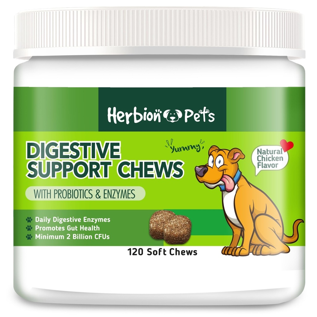 Herbion Animals Digestive Support Chews with Probiotics & Enzymes, 120 צ'אדות Soft, with Daily Digestive Enzymes, for Improved Gut Health, 2 מיליארד CFUs, Made in USA for 12 Weeks +, Pack 1
