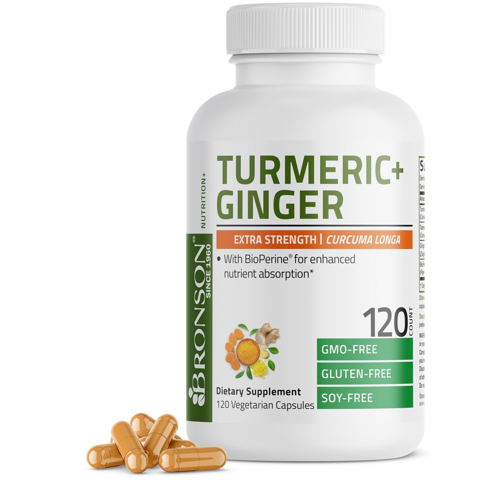 Bronson Turmeric + ג'ינג'ר תוספת תמיכה בריאות וחשיפה עם BioPerine, non-GMO, 120 קפסולות צמחוניות