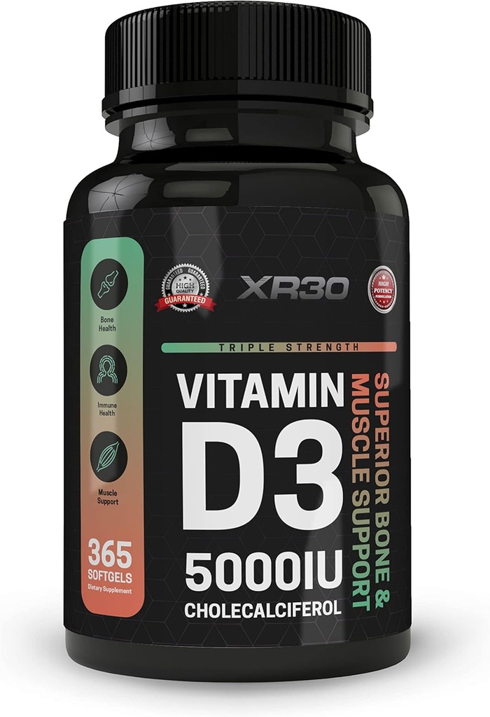 ויטמין D3 5000IU Cholecalciferol - תמיכה בעצמות גבוהה ושרירים - 365 Softgels - Made in USA