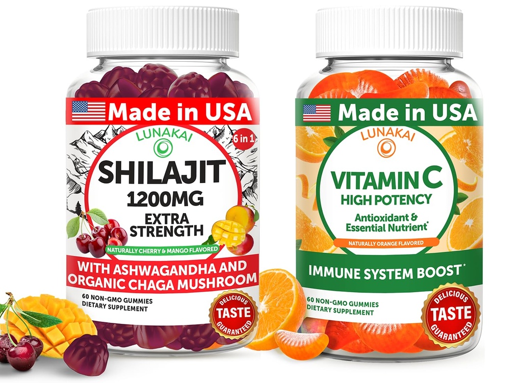 לונהקאי ארה"ב עשתה Shilajit & ויטמין C High Potency Gummies Bundle - אנרגיה ותמיכה בחיסון - Non-GMO & Delicious