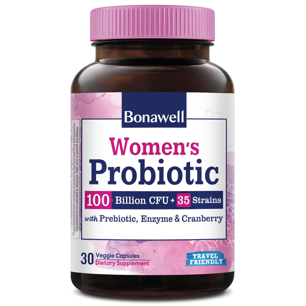 Bonawell Probiotics for Women 100B, עם Prebiotics, Digestive Enzymes & Organic Cranberry עבור בריאות נשית Vaginal, Digest & Immunity, Shelf-Stable, נדחה-Release, 30 Veggie Caps