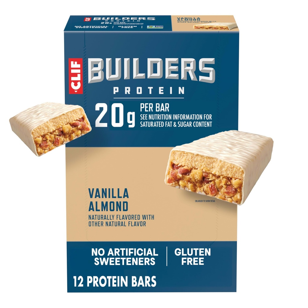CLIF BUILDERS חלבונים Bars - Vanilla Almond Flavor - 20g Plant Based Protein - Gluten Free - non-GMO - Low Glycemic - No Artificial Sweeteners - 2.4 oz.