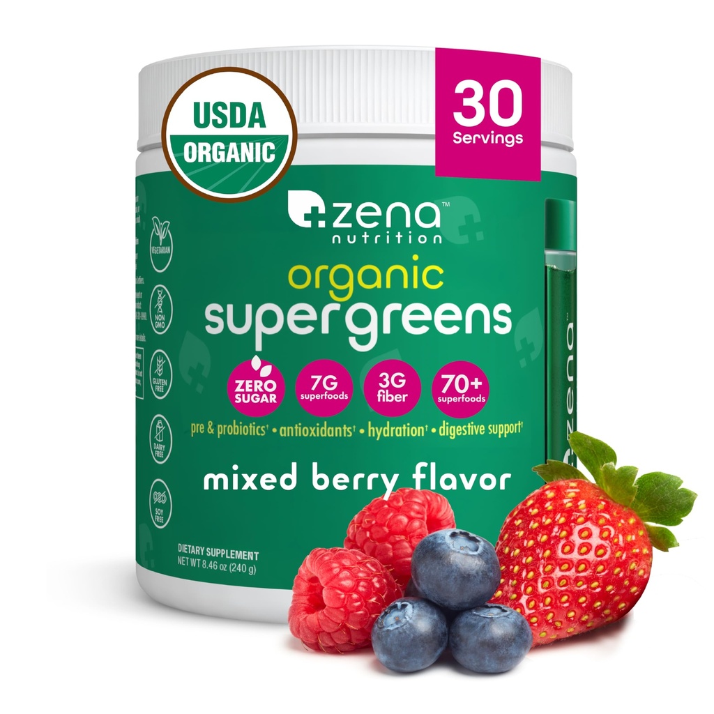 Zena Nutrition אורגני Super Greens אבקת, 70+ Superfoods, 0 סוכר, 3G סיבים, Spirulina, Chlorella, Antioxidants, Prebiotics / Probiotics, Digestive Enzymes, מעורב ברי, 30 משרתים
