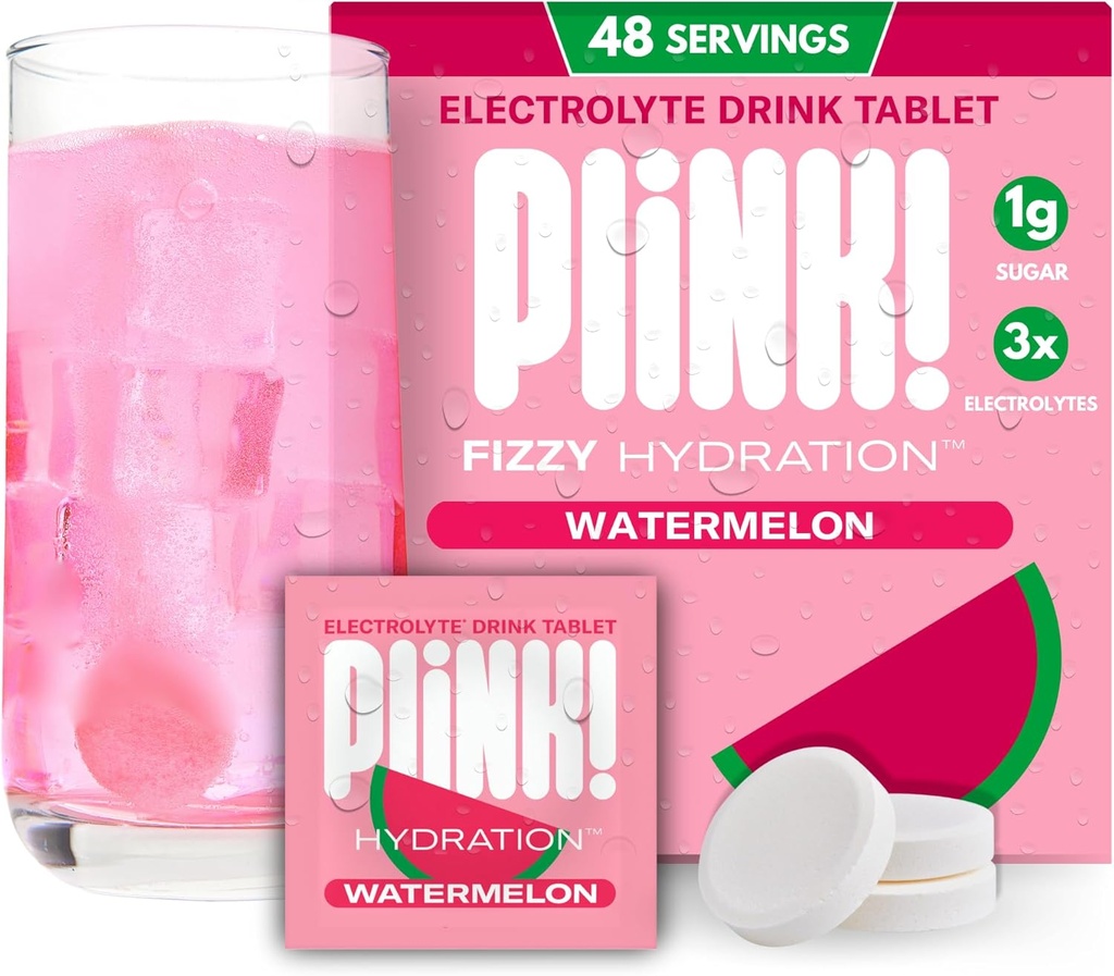 Plink! טבליות Fizzy Electrolyte למבוגרים ולילדים - Watermelon, 48ct - הידרציה יומית עם אלקטרוליטים - סוכר נמוך, טבעוני, Keto Friendly, non-GMO