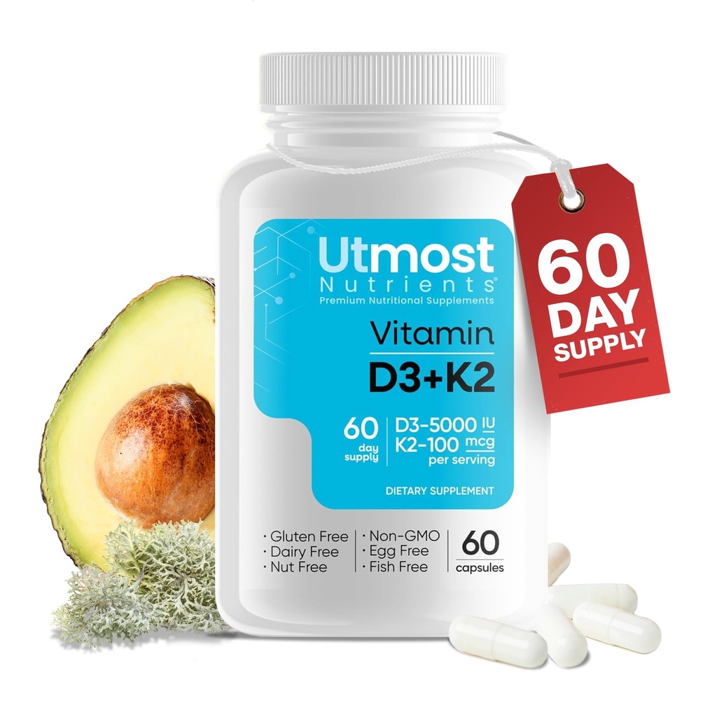 ויטמין D3 עם K2-5000iu ויטמין D ו -100 mcg ויטמין K תוספת במנהרה אחת עבור זמינות ביולוגית מקסימלית - שיפורים Calcium Absorption עבור Cardiovascular, Immune ובריאות העצם (60 קפסולות)