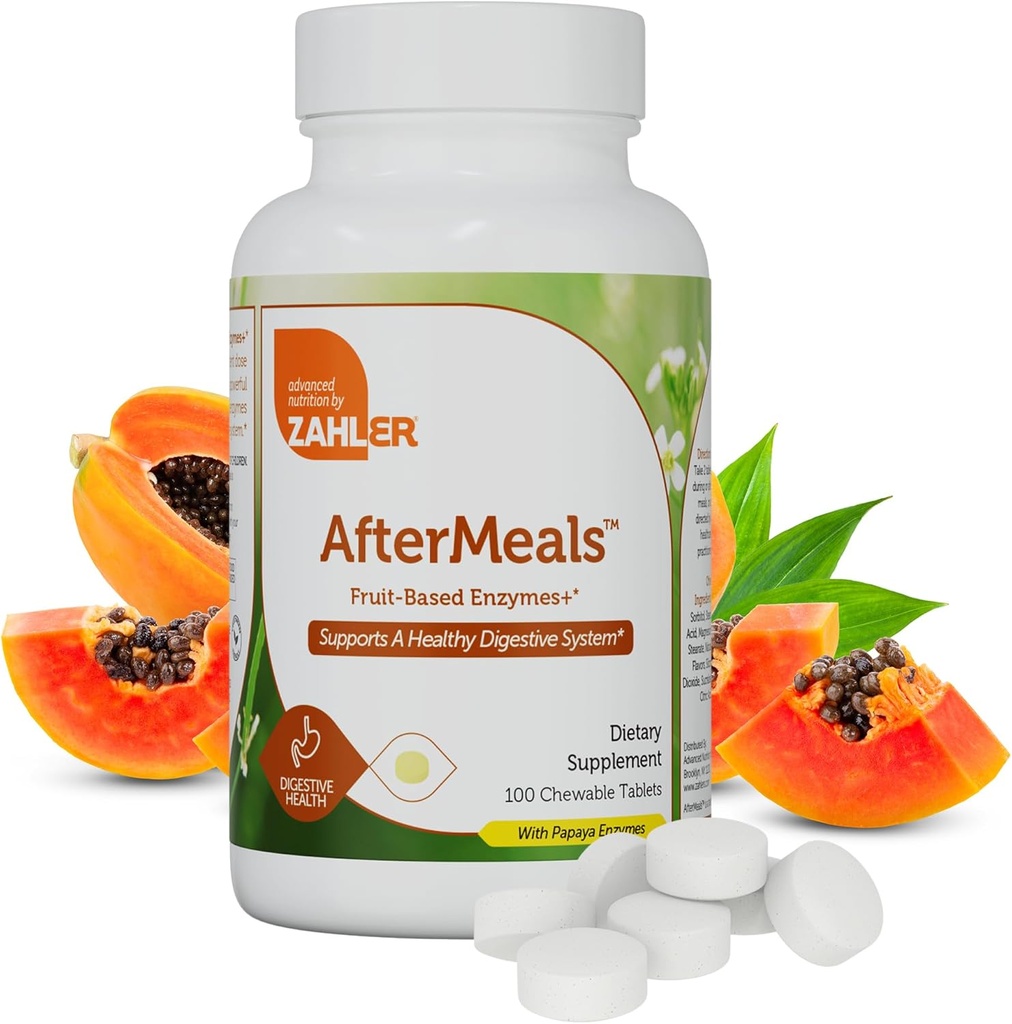 Zahler Aftermeals, Natural Antacid Chews, Papaya Enzyme Chewable Tablets, Digestive Aid Supplement, Certified Kosher, 100 טבליות Chewable